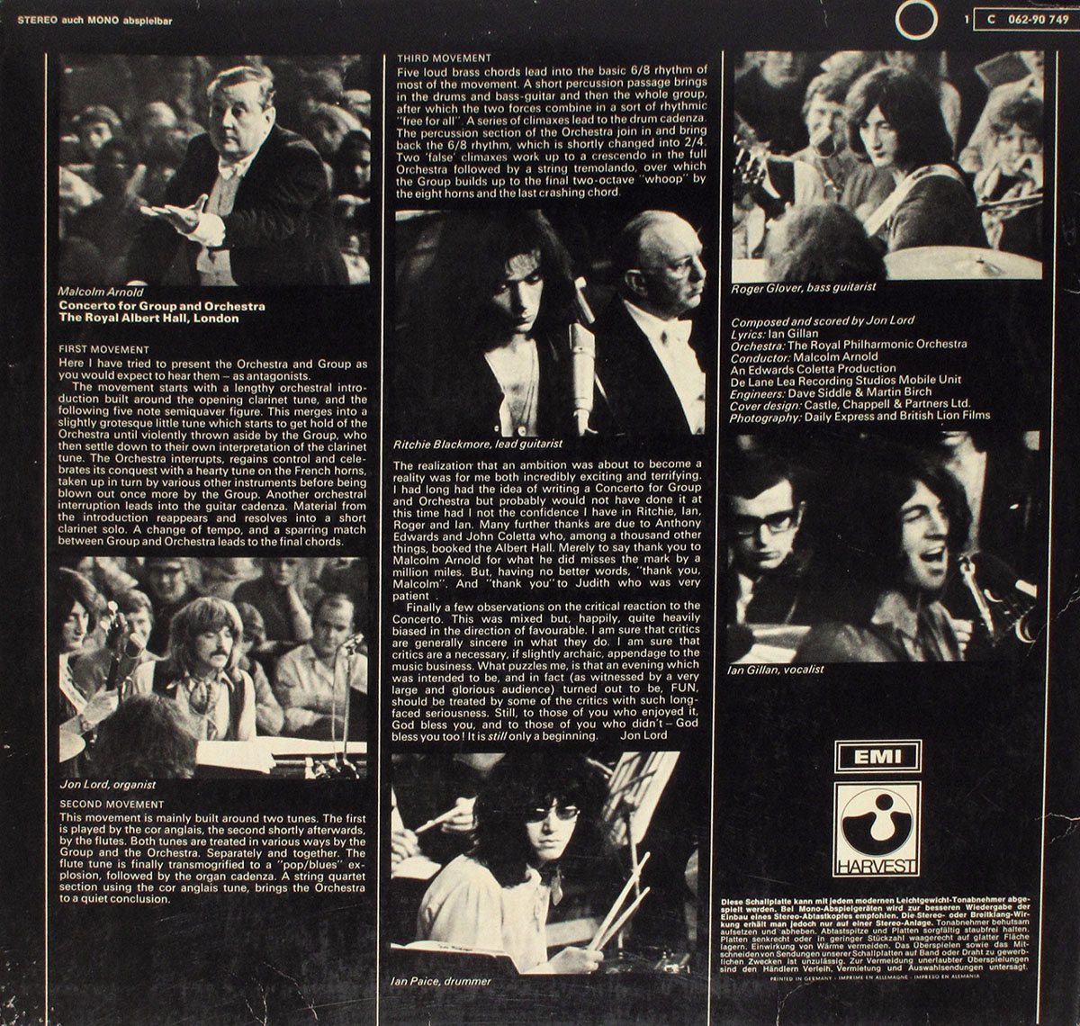 Deep Purple live album back cover featuring black and white photos of band members performing, a detailed description of the Concerto for Group and Orchestra, and production credits on a dark background with bold white and yellow text.